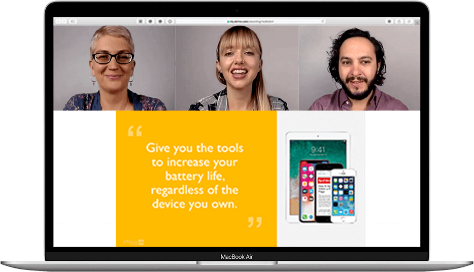 Laptop screen with instructors teaching a class with visual aids