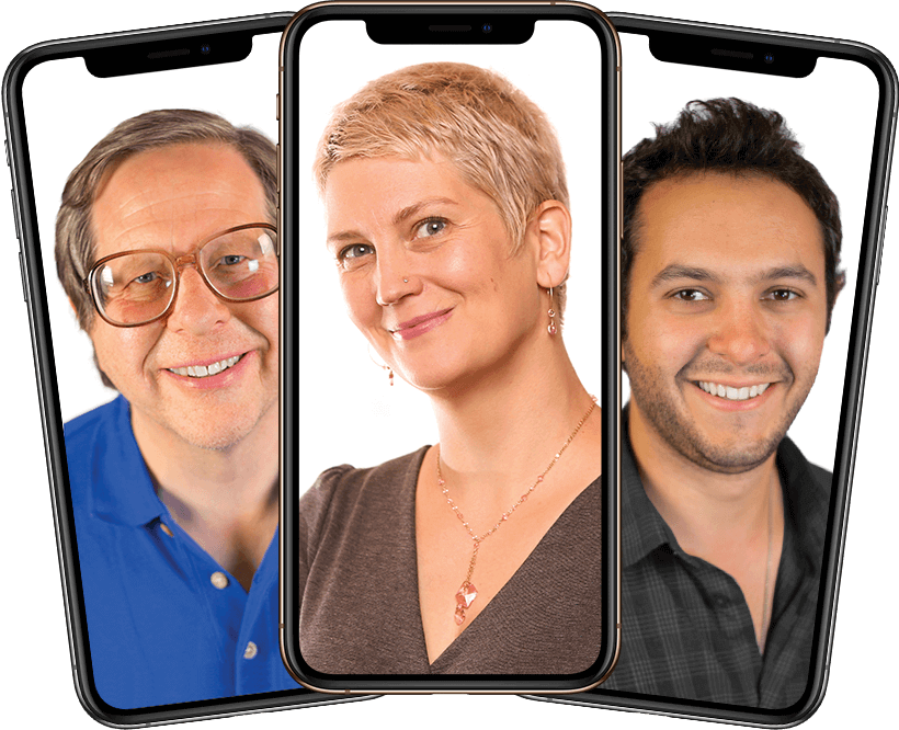 Three iPhones showing faces of tech experts that can help you