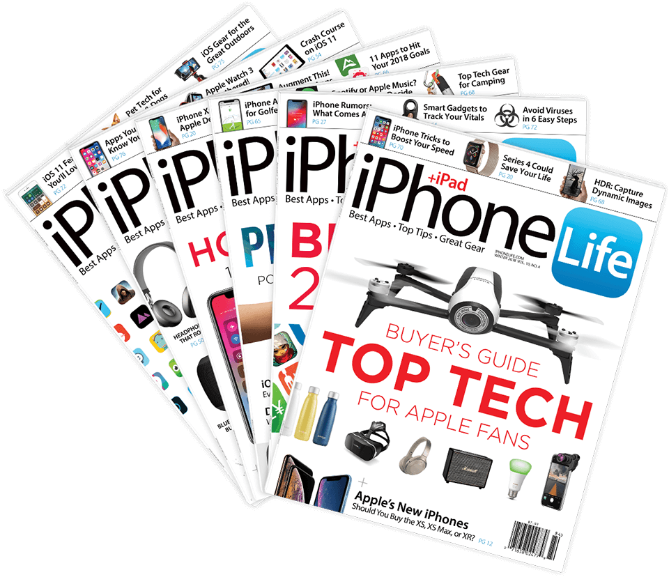 display of iPhone Life magazine covers showing topics like top tech, apps, how to